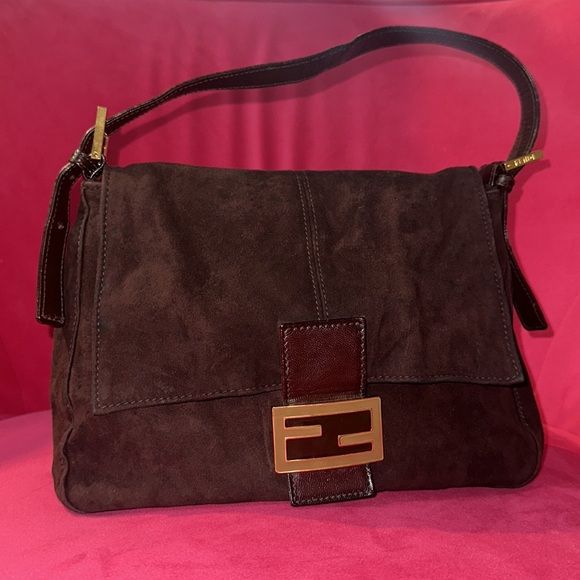 Fendi chocolate brown suede mama baguette shoulder bag hobo purse - Picture 1 of 17